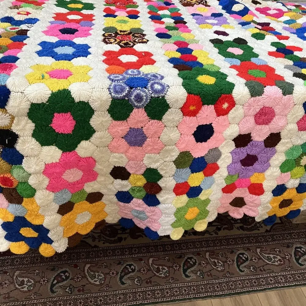Vintage Grandmother's Flower Garden Crochet Afghan Blanket 79” x 84” Thick